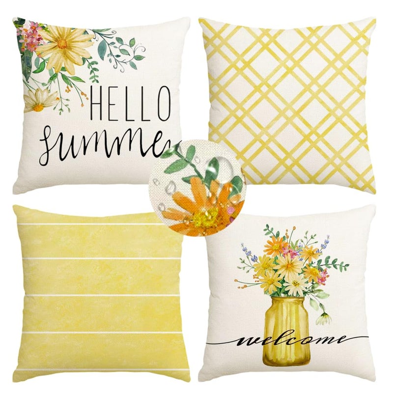 RABUSOFA Daisy Floral Vase Hello Summer Pillow Covers Set of 4,Seasonal Yellow Striped Outdoor Decorative Cushion Case Summer Decorations for Home Decor 18x18 Inch - Image 1