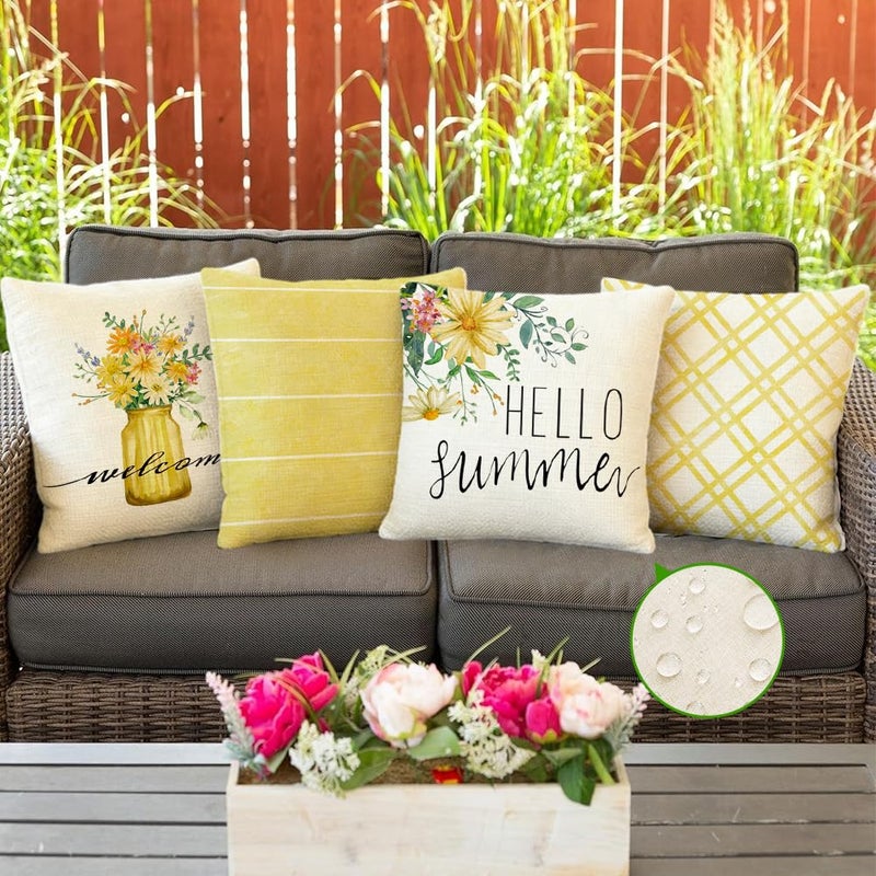 RABUSOFA Daisy Floral Vase Hello Summer Pillow Covers Set of 4,Seasonal Yellow Striped Outdoor Decorative Cushion Case Summer Decorations for Home Decor 18x18 Inch - Image 2