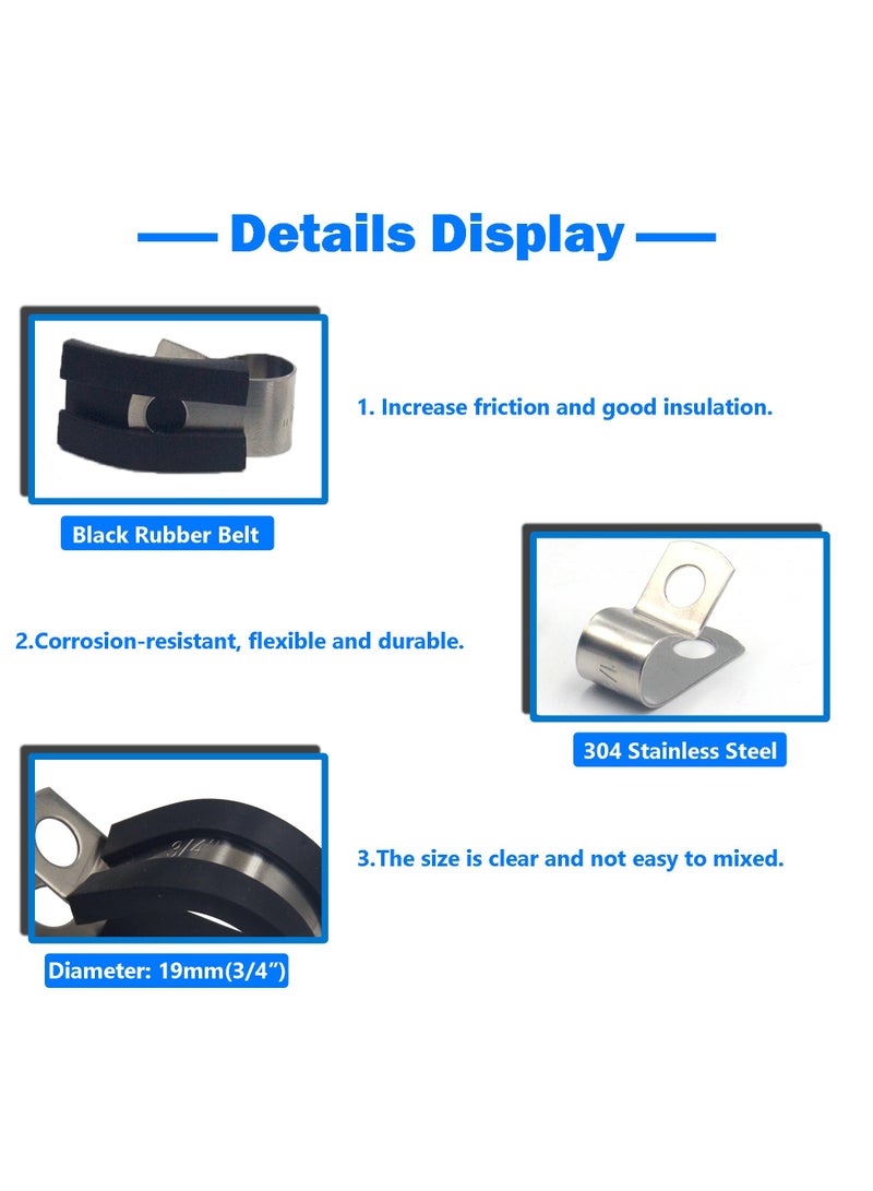 SYOSI 20 Pcs Rubber Lined P Clips, 19mm Cable Clamp, 3/4 Inch Stainless Steel Cable Clamp, Hose Pipe Clamps, Metal Wire Cable Loop Clamp Kit for Ship, Electrical, Automotive, Hose Cable - Image 3