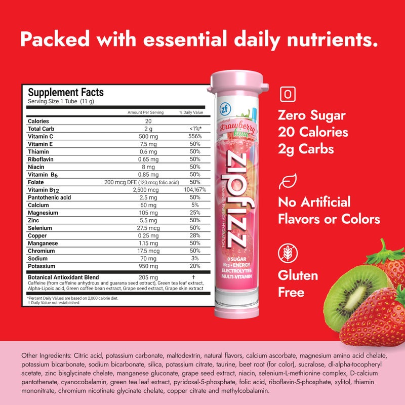 Zipfizz Daily Energy Drink Powder, Strawberry Kiwi, 20 Pack | 3-in-1 Sustained Energy, Rapid Hydration, and Essential Vitamins | Sugar-Free | Electrolyte Powder | Contains Vitamin B-12 & Antioxidants - Image 2