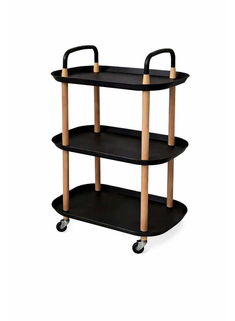 Raqi 3-Tier Rolling Serving Cart – Modern Utility Trolley with Wheels – Black Shelves & Wooden Frame – Multi-Purpose Kitchen & Living Room Organizer – Size 81.5×35×56 cm - Image 1