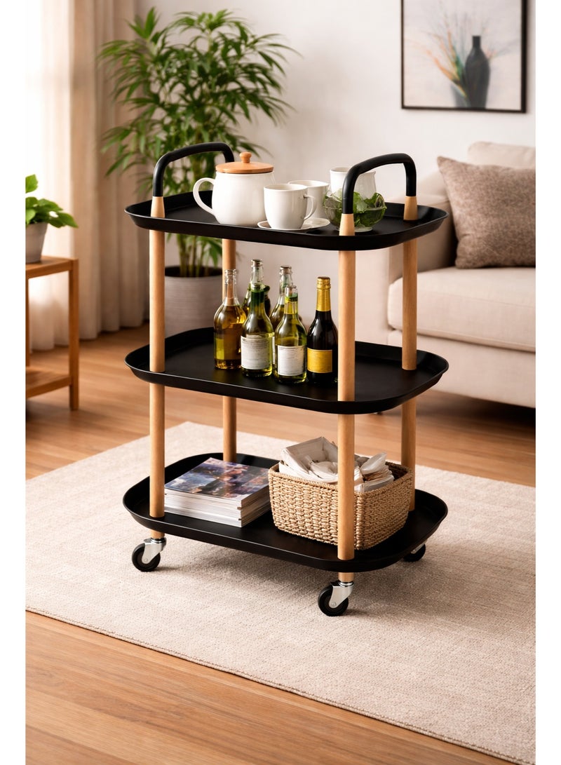Raqi 3-Tier Rolling Serving Cart – Modern Utility Trolley with Wheels – Black Shelves & Wooden Frame – Multi-Purpose Kitchen & Living Room Organizer – Size 81.5×35×56 cm - Image 2