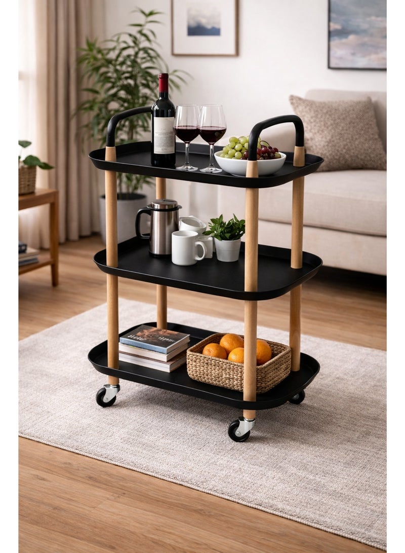 Raqi 3-Tier Rolling Serving Cart – Modern Utility Trolley with Wheels – Black Shelves & Wooden Frame – Multi-Purpose Kitchen & Living Room Organizer – Size 81.5×35×56 cm - Image 3