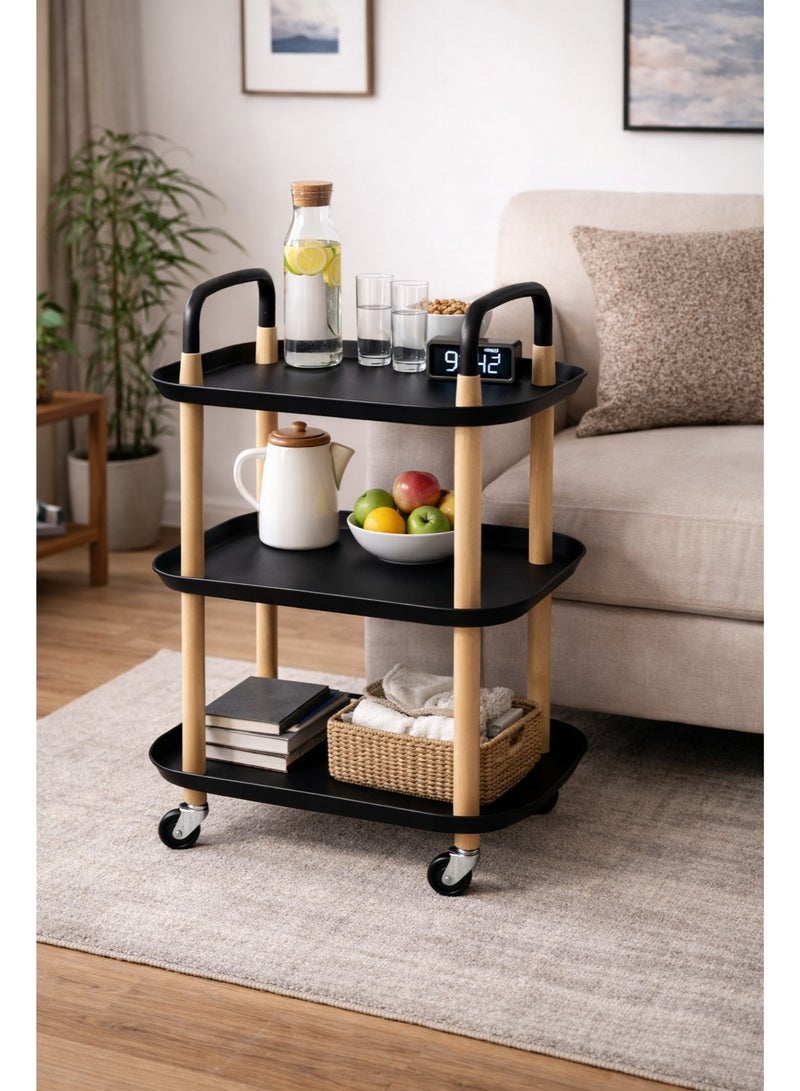 Raqi 3-Tier Rolling Serving Cart – Modern Utility Trolley with Wheels – Black Shelves & Wooden Frame – Multi-Purpose Kitchen & Living Room Organizer – Size 81.5×35×56 cm - Image 4