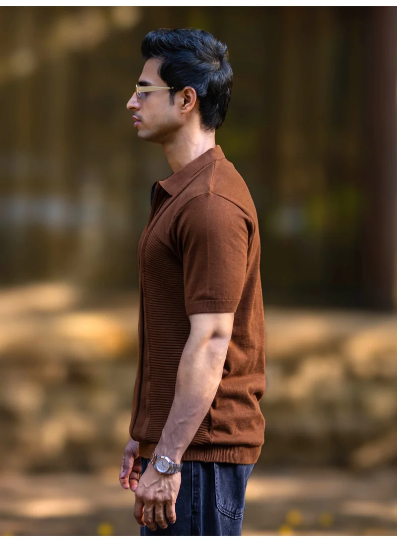 Maniac Maniac Mens Textured Half Zipper Half Sleeve Polo Neck Brown Slim Fit T-Shirt