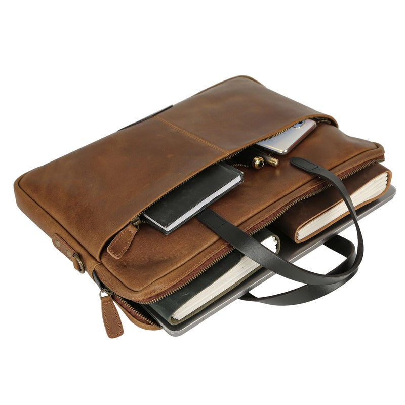 KomalC 15.5 Inch Leather Laptop Sleeve with Trolley Strap â€“ Slim Genuine Leather Bag for 13", 14", 14.5" Laptops â€“ Office Briefcase with Shoulder Strap & Organizer - Image 3