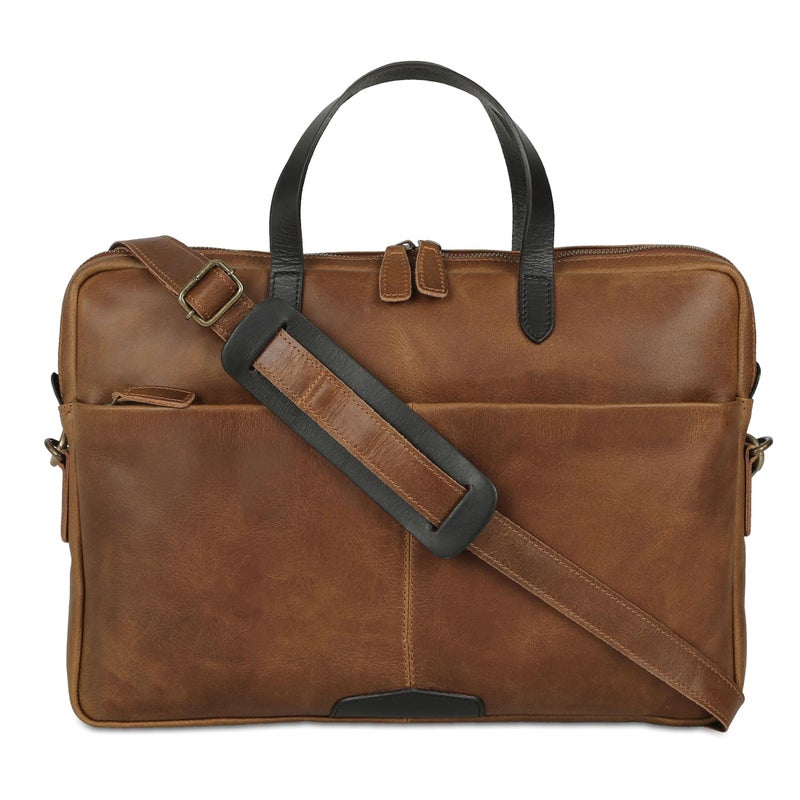 KomalC 15.5 Inch Leather Laptop Sleeve with Trolley Strap â€“ Slim Genuine Leather Bag for 13", 14", 14.5" Laptops â€“ Office Briefcase with Shoulder Strap & Organizer - Image 1