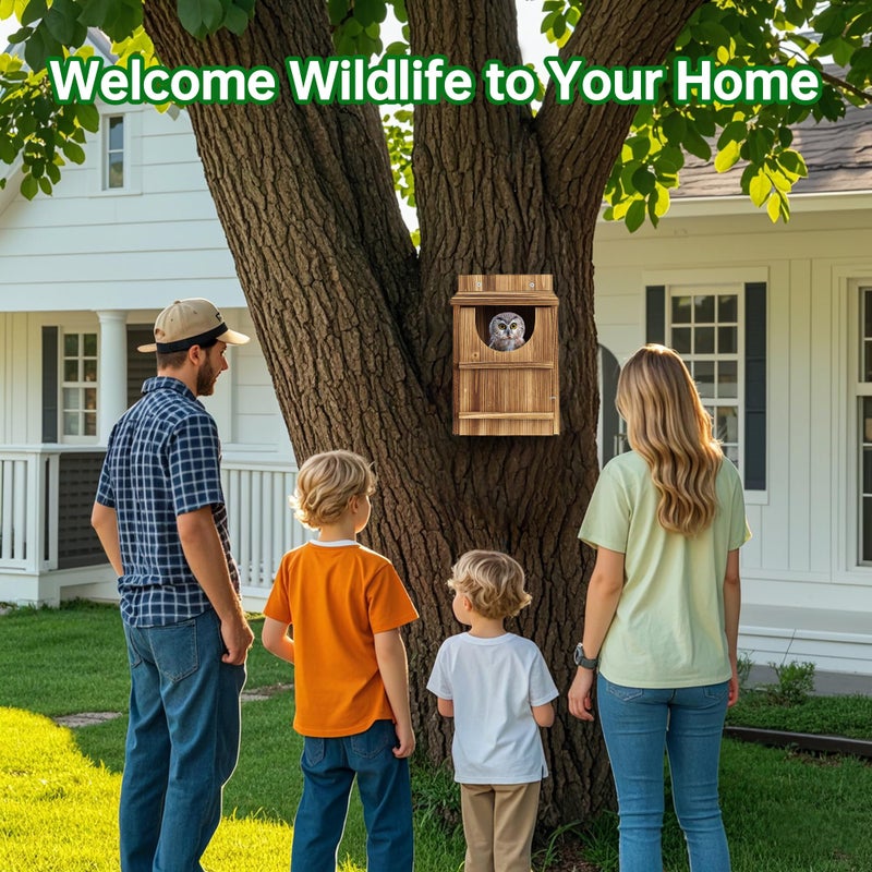 UUMENHA Durable Carbonized Cedar Owl House - 14.5Ã—9Ã—7.5 Inch Weather-Resistant Outdoor Owl Nesting Box with Natural Shavings, Quick Assembly, Bird Box Ideal for Wildlife Lovers - Image 5