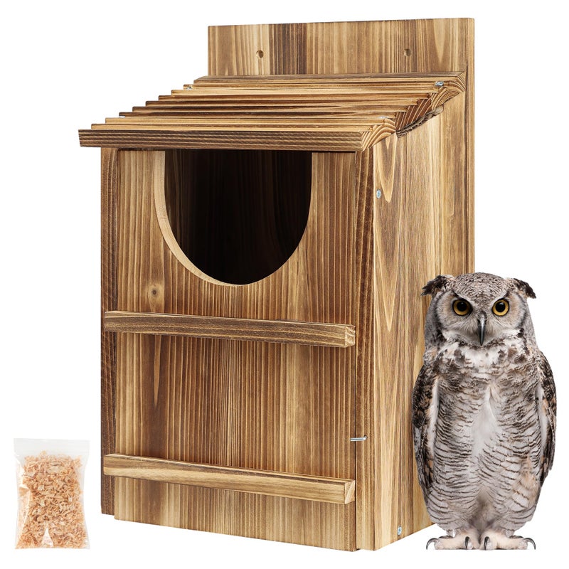 UUMENHA Durable Carbonized Cedar Owl House - 14.5Ã—9Ã—7.5 Inch Weather-Resistant Outdoor Owl Nesting Box with Natural Shavings, Quick Assembly, Bird Box Ideal for Wildlife Lovers - Image 1