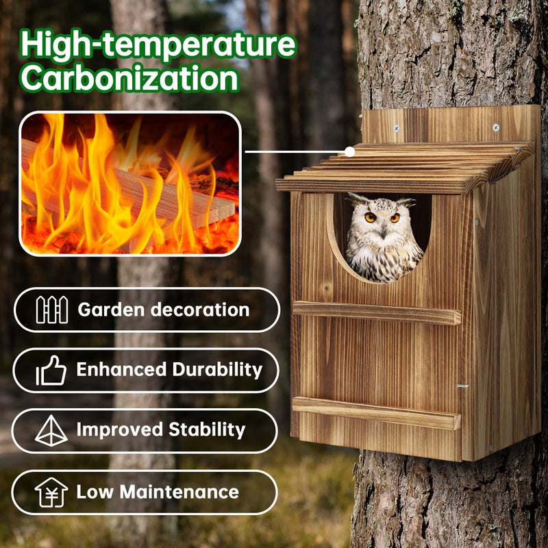 UUMENHA Durable Carbonized Cedar Owl House - 14.5Ã—9Ã—7.5 Inch Weather-Resistant Outdoor Owl Nesting Box with Natural Shavings, Quick Assembly, Bird Box Ideal for Wildlife Lovers - Image 4