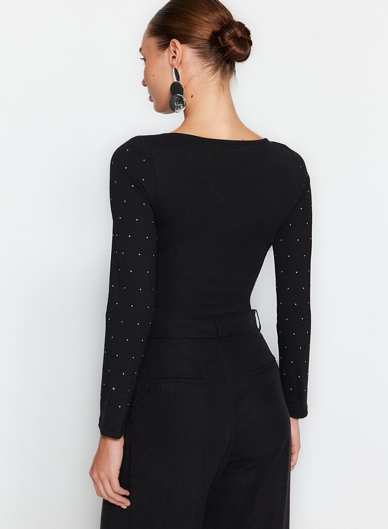 trendyol Black Cotton Bodysuit with Bright Stone Print - Long Sleeve with Stretch and Snap Fasteners Twoaw24Bd00059 - Image 4