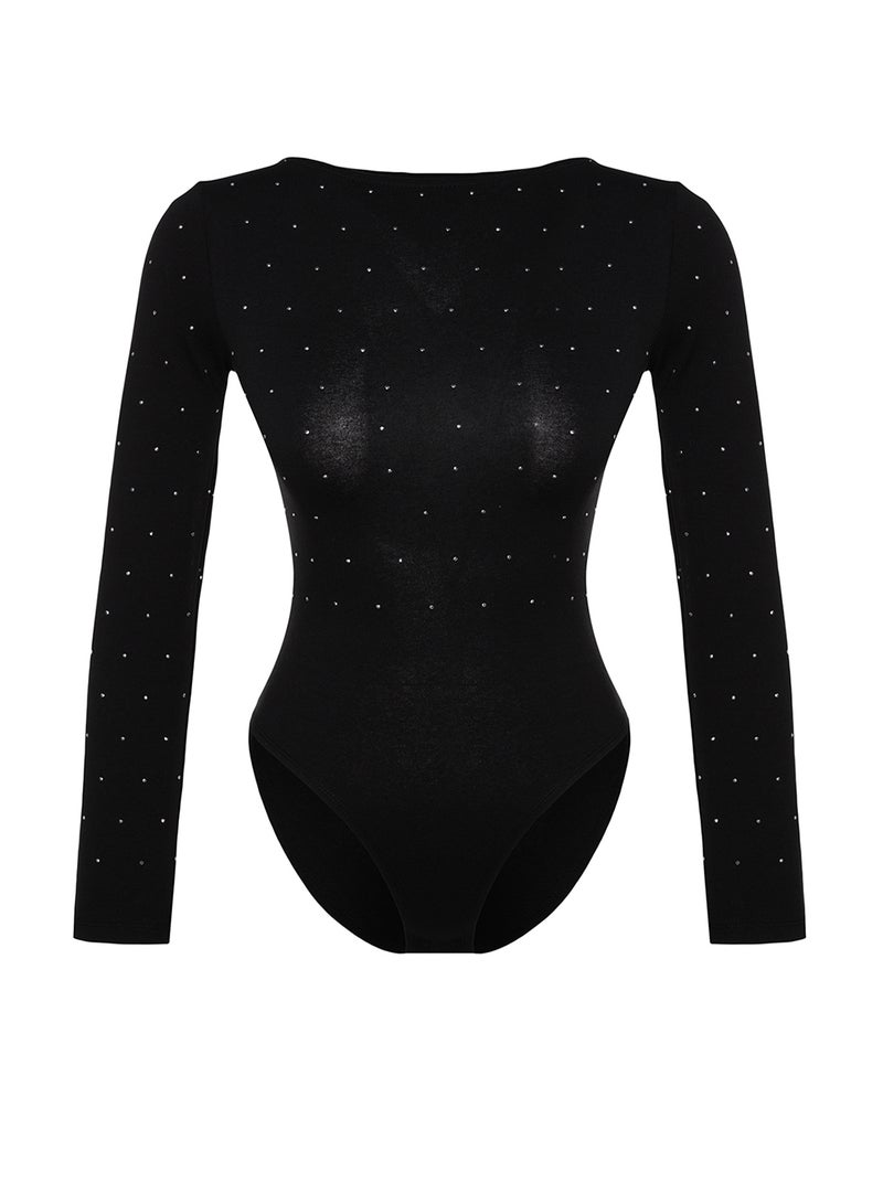 trendyol Black Cotton Bodysuit with Bright Stone Print - Long Sleeve with Stretch and Snap Fasteners Twoaw24Bd00059 - Image 5