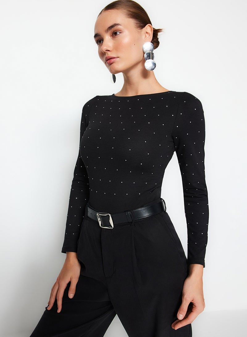 trendyol Black Cotton Bodysuit with Bright Stone Print - Long Sleeve with Stretch and Snap Fasteners Twoaw24Bd00059 - Image 3