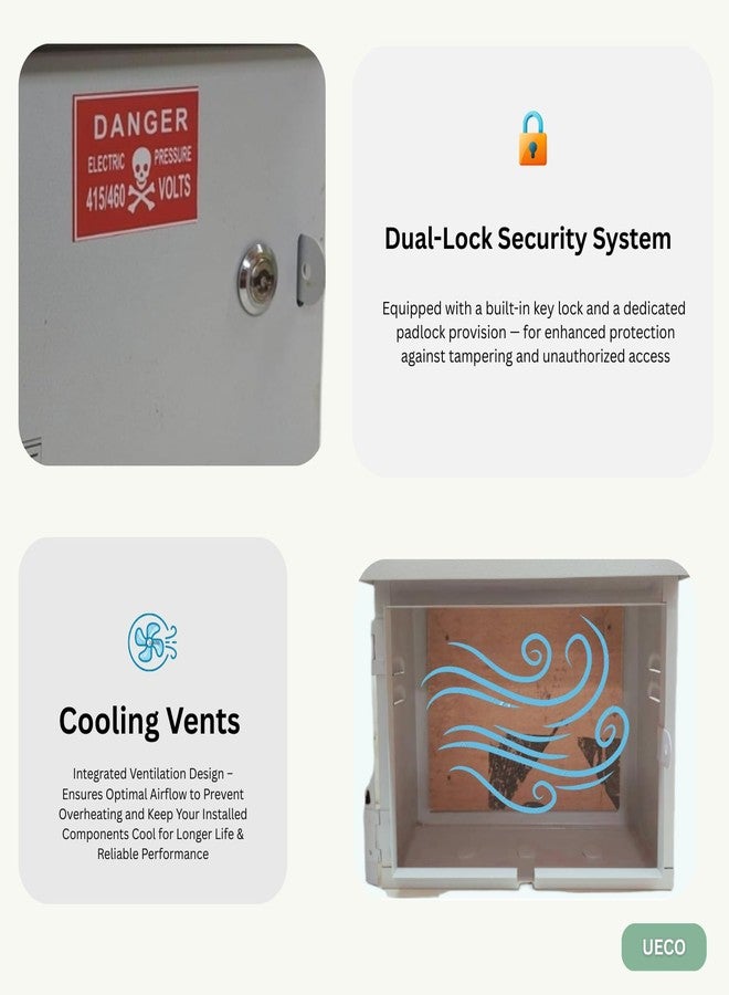 UECO Safe Meter Box - Heavy-Duty Weatherproof Metal Enclosure with Ply Base & Lock | Solar Installations/Meter/EV Charging/CCTV Power Box/ | 12"x10"x6" (305x252x153mm) Wall Mount - Image 3
