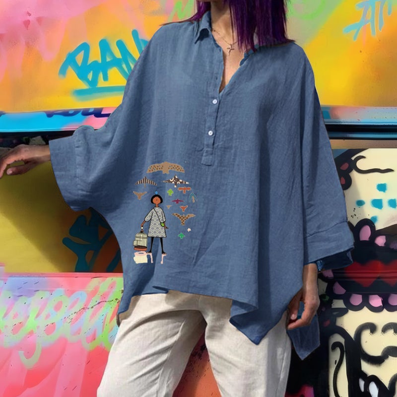 Loose Cotton Linen Batwing Top for Women Blue traveler 