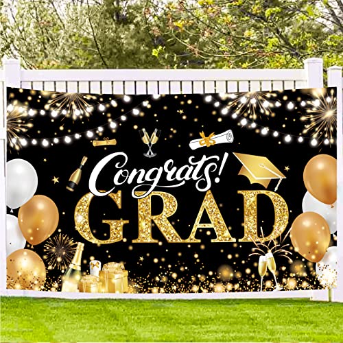 Aaskuu Graduation Banner 2025 Black and Gold - 72.8x43.3 Inch, Congrats Grad Banner for Party Decorations, Large Congratulations Class of 2025 Graduation Backdrop - Image 1