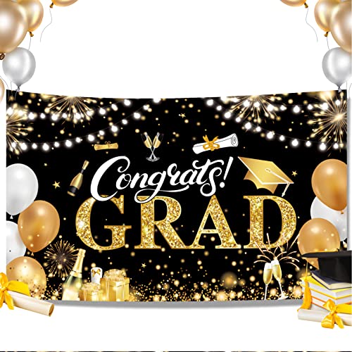 Aaskuu Graduation Banner 2025 Black and Gold - 72.8x43.3 Inch, Congrats Grad Banner for Party Decorations, Large Congratulations Class of 2025 Graduation Backdrop - Image 2