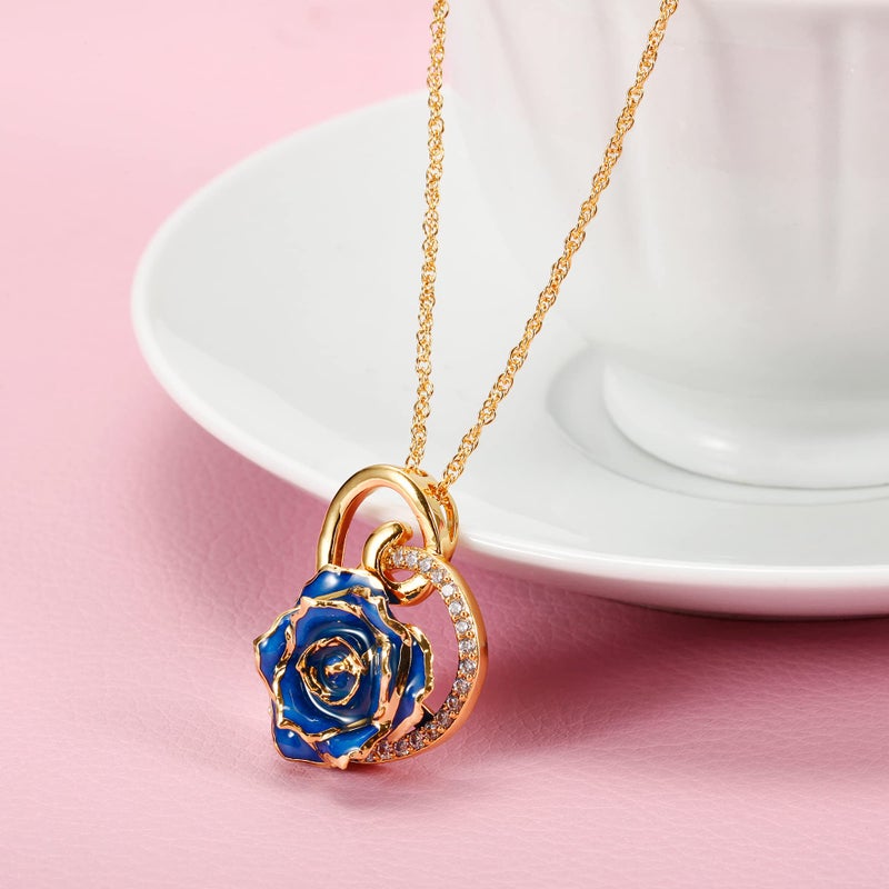 AliveRose Rose Pendant Necklaces Gifts for Women, 24K Gold Dipped Real Rose Dangle Necklace Jewelry - Ideal Gift for Her Wife Mom Anniversaries, Valentines, Birthday (Heart Blue) - Image 2