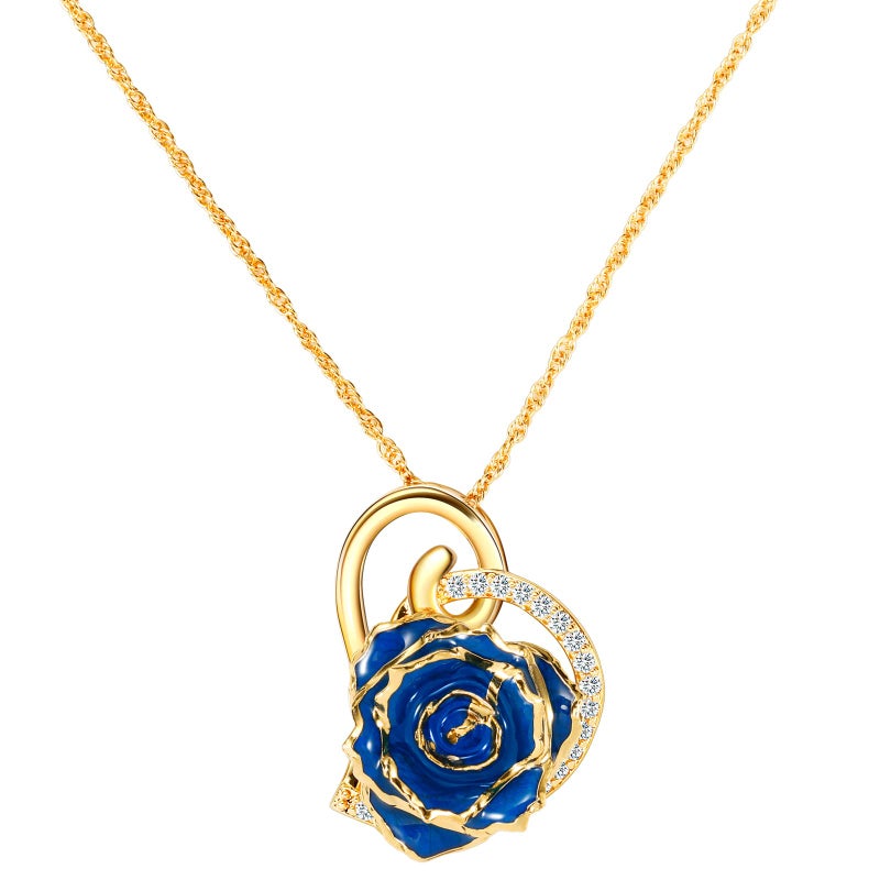 AliveRose Rose Pendant Necklaces Gifts for Women, 24K Gold Dipped Real Rose Dangle Necklace Jewelry - Ideal Gift for Her Wife Mom Anniversaries, Valentines, Birthday (Heart Blue) - Image 1