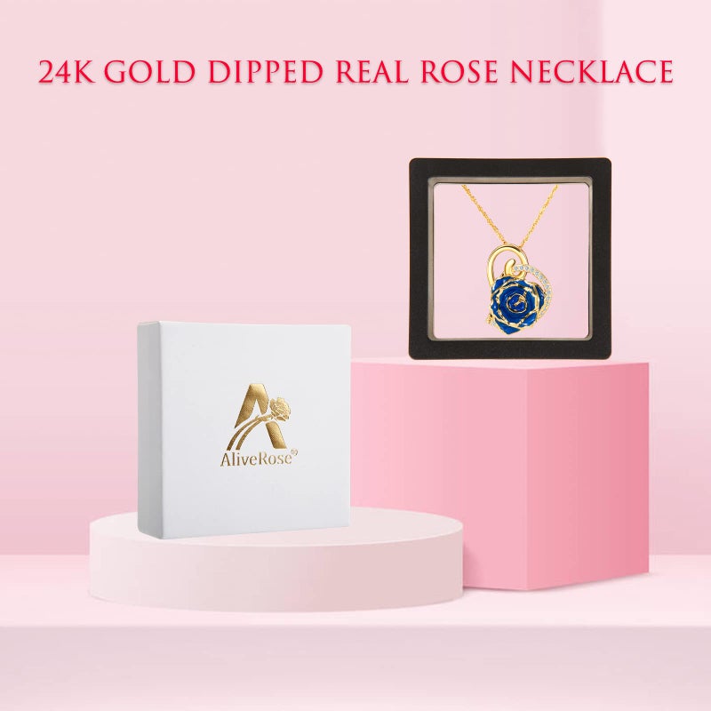 AliveRose Rose Pendant Necklaces Gifts for Women, 24K Gold Dipped Real Rose Dangle Necklace Jewelry - Ideal Gift for Her Wife Mom Anniversaries, Valentines, Birthday (Heart Blue) - Image 4