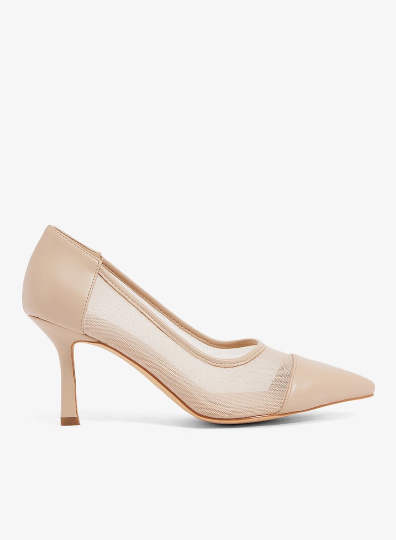 ايلا حذاء كعب متوسط بلون بيج، مقدمة مدببة، شبك وجلد - Image 1