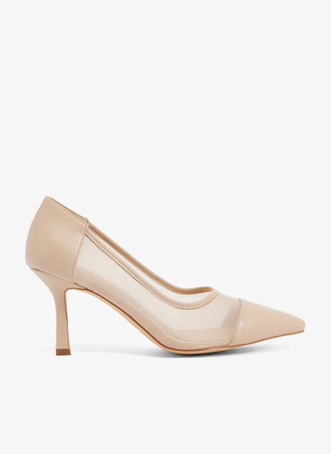 ELLA Beige mesh and leather pump, mid heel, pointed toe