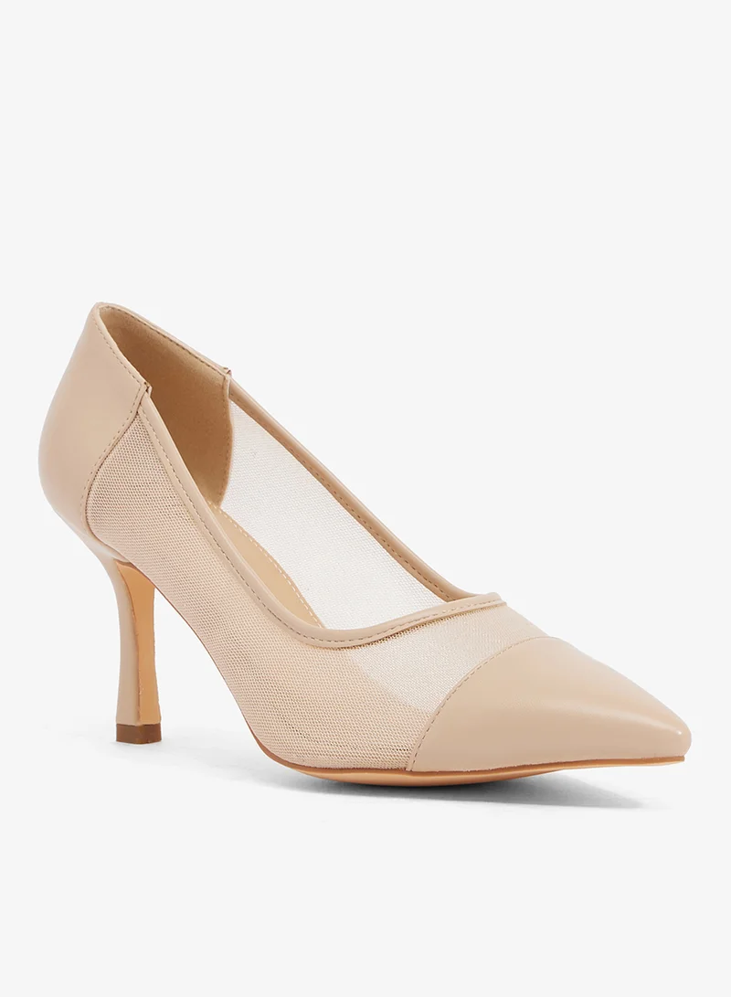 ELLA Beige mesh and leather pump, mid heel, pointed toe