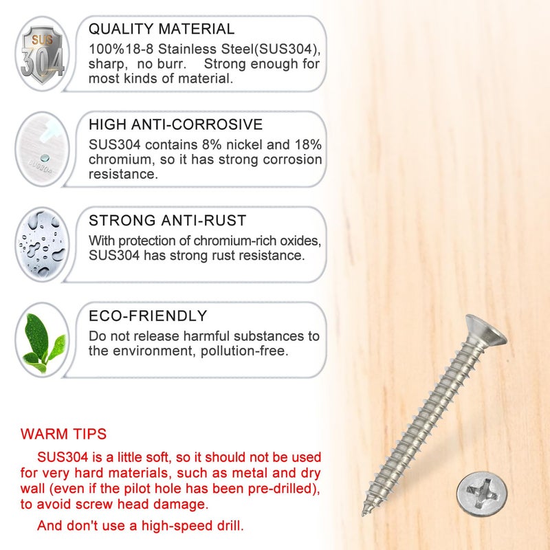Kinder Wood Screws - 120PCS Flat Head Phillips Screws, 304 Stainless Steel Screw with Adjustable Wood Countersink Kit (#4 x 1) - Image 2