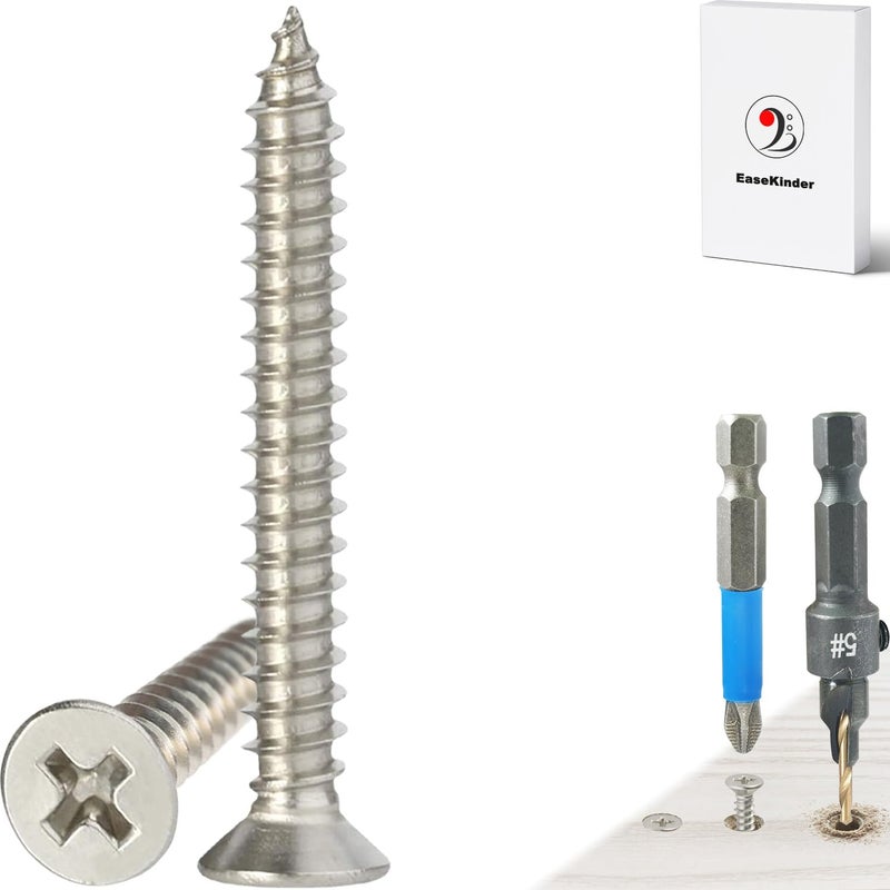 Kinder Wood Screws - 120PCS Flat Head Phillips Screws, 304 Stainless Steel Screw with Adjustable Wood Countersink Kit (#4 x 1) - Image 1