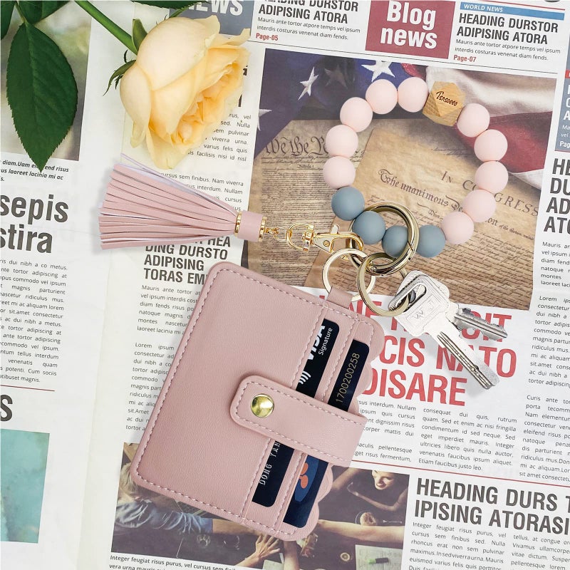 TSNSOEEO Wristlet Keychain Bracelet Wallet, Key Ring Silicone Bead Bangle, Tassel Card Pocket Key Chains for Woman - Image 2