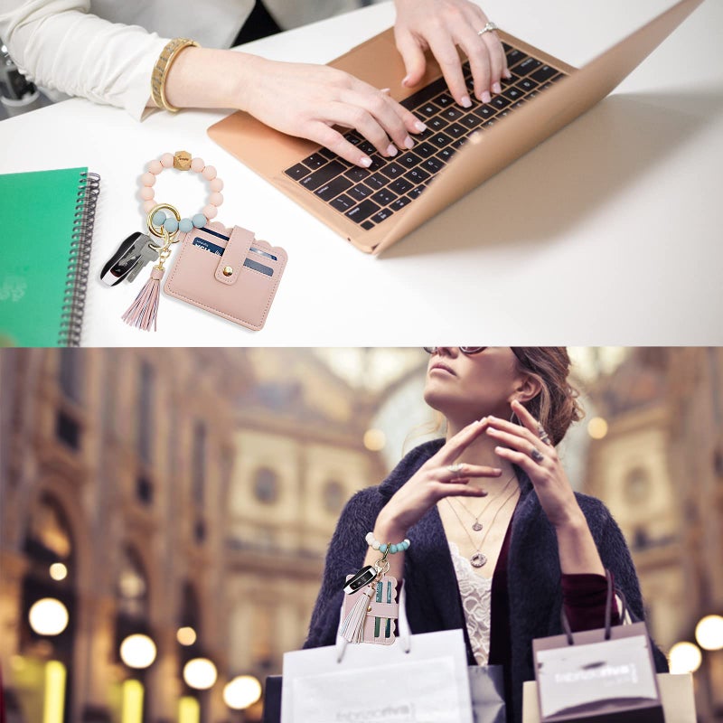 TSNSOEEO Wristlet Keychain Bracelet Wallet, Key Ring Silicone Bead Bangle, Tassel Card Pocket Key Chains for Woman - Image 5