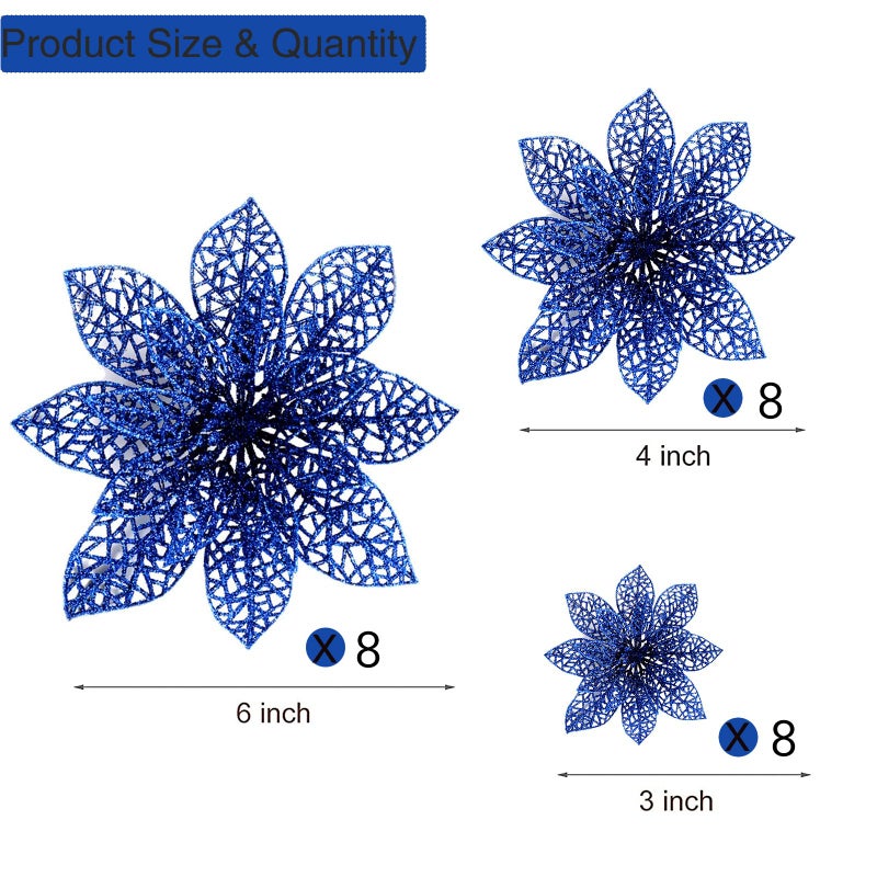 Wironlst 24 Pieces Glitter Poinsettia Flowers Christmas Tree Ornaments  Glitzy Poinsettia Bushes Christmas Decorations for Xmas/Holiday/Seasonal/Wedding (Blue) - Image 2