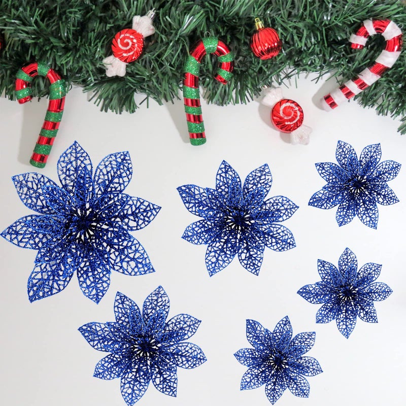 Wironlst 24 Pieces Glitter Poinsettia Flowers Christmas Tree Ornaments  Glitzy Poinsettia Bushes Christmas Decorations for Xmas/Holiday/Seasonal/Wedding (Blue) - Image 5