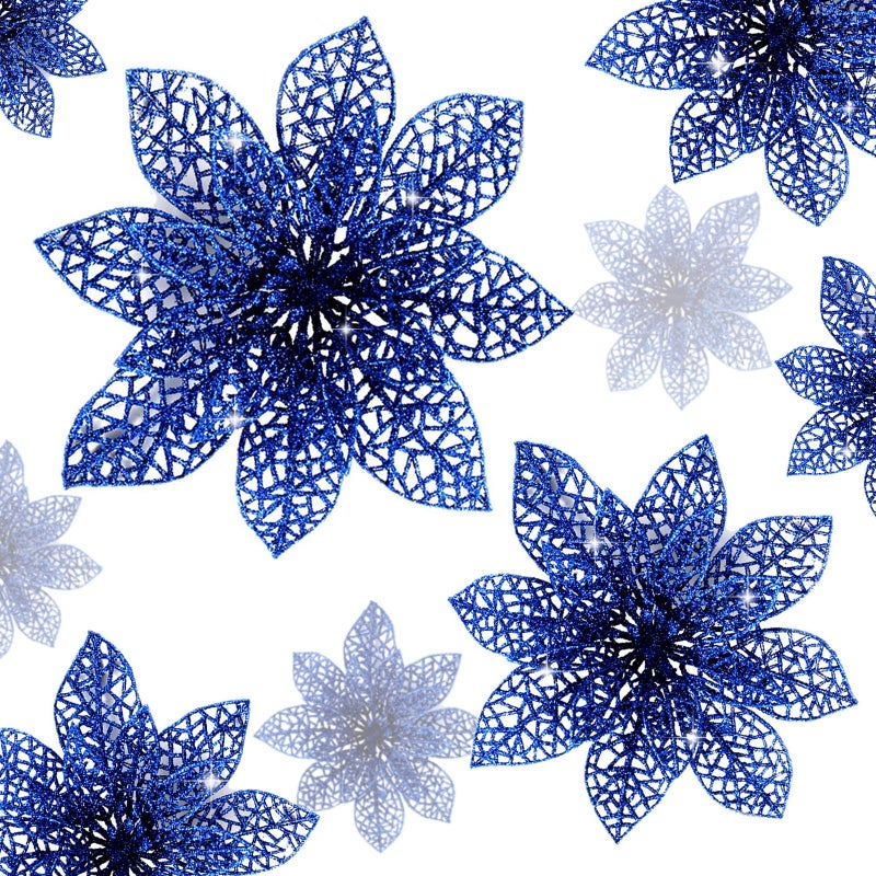 Wironlst 24 Pieces Glitter Poinsettia Flowers Christmas Tree Ornaments  Glitzy Poinsettia Bushes Christmas Decorations for Xmas/Holiday/Seasonal/Wedding (Blue) - Image 1