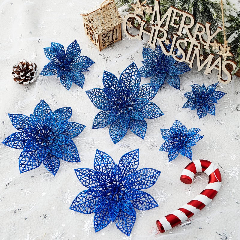 Wironlst 24 Pieces Glitter Poinsettia Flowers Christmas Tree Ornaments  Glitzy Poinsettia Bushes Christmas Decorations for Xmas/Holiday/Seasonal/Wedding (Blue) - Image 3