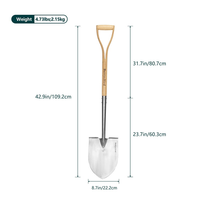 Berry&Bird Shovels for Digging, 43â€™â€™ Round Spade Heavy Duty Shovel with Wooden D Handle Stainless Steel Snow Shovel Garden Shovel Yard for Transplanting & Outdoor - Image 2