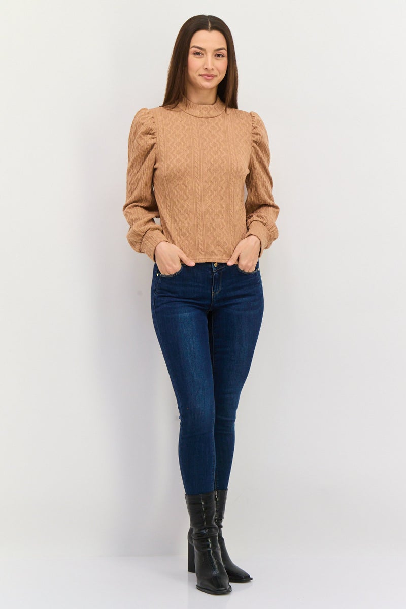 Sage The Label Women Mock Neck Long Sleeve Textured Sweater, Brown - Image 4