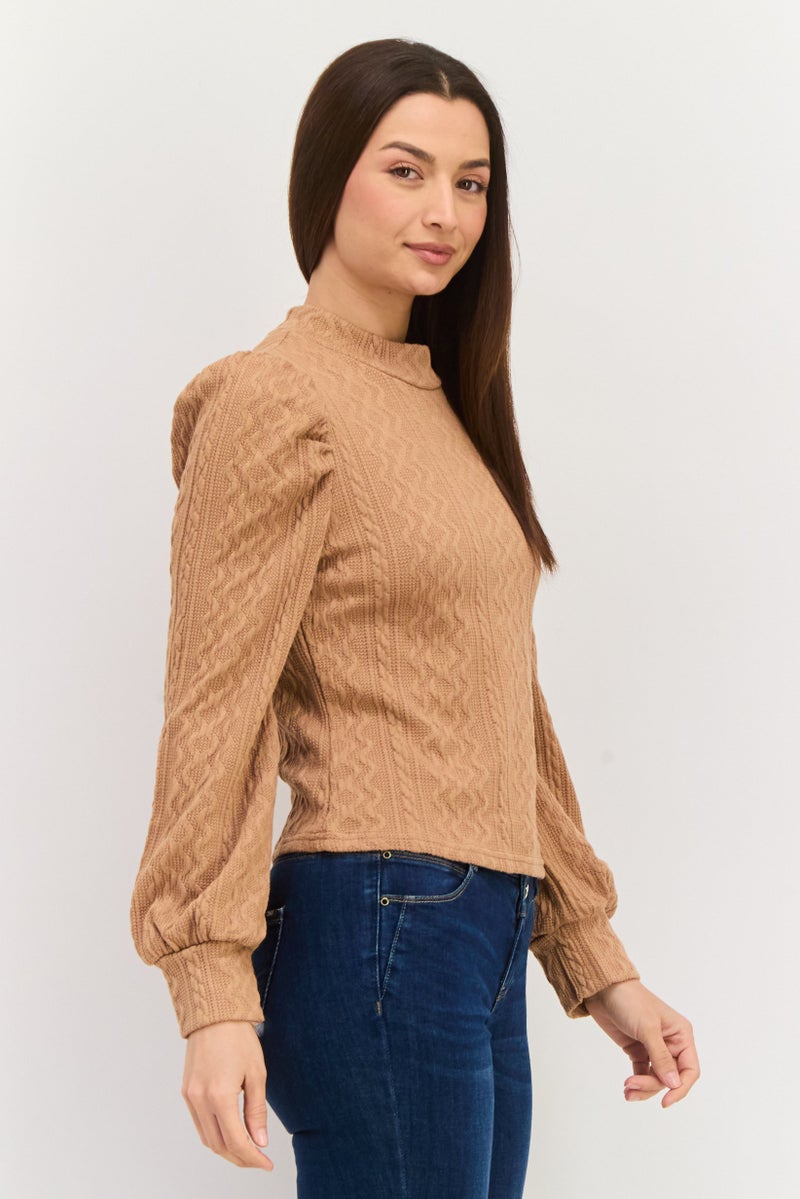 Sage The Label Women Mock Neck Long Sleeve Textured Sweater, Brown - Image 2
