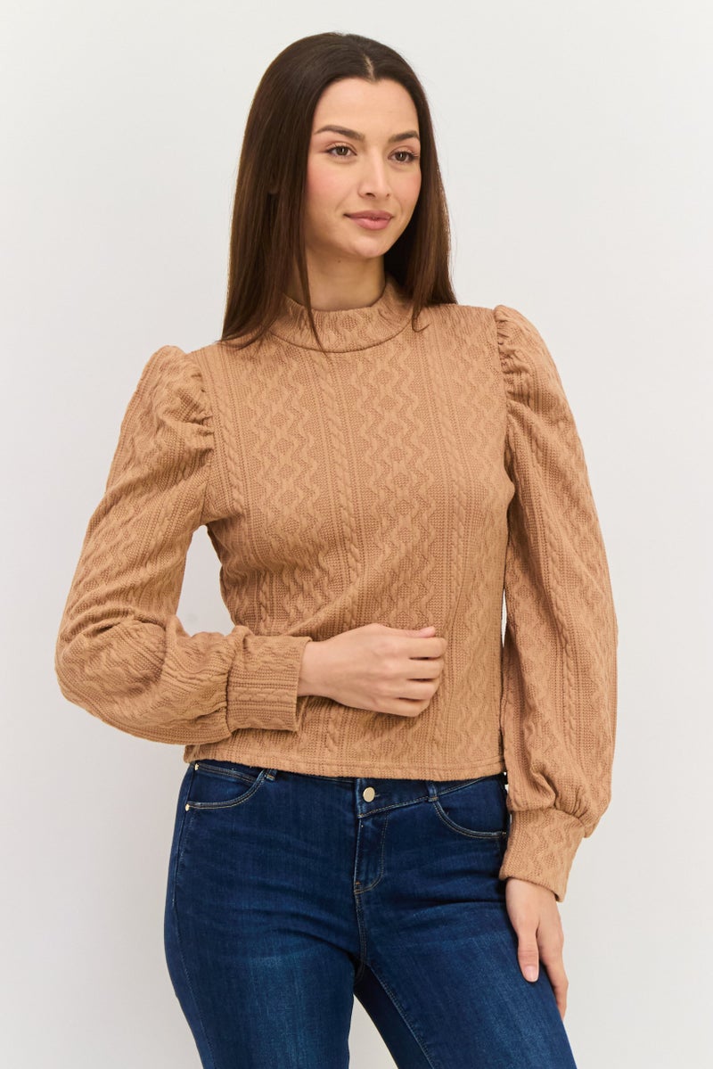 Sage The Label Women Mock Neck Long Sleeve Textured Sweater, Brown - Image 1