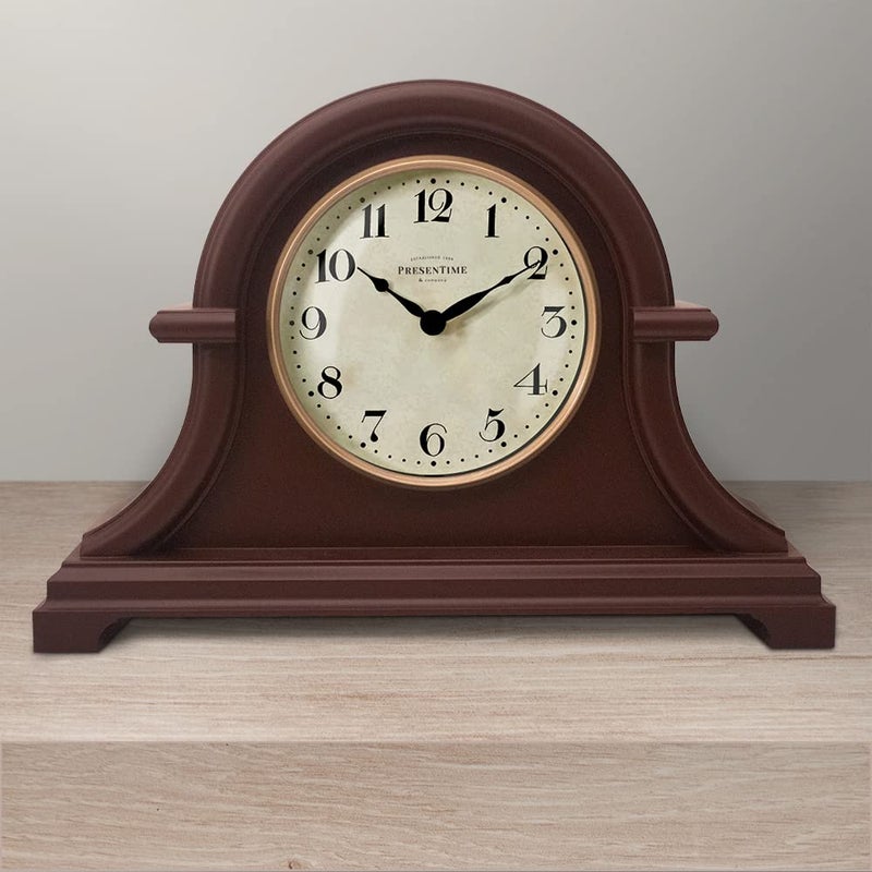 Presentime & Co. Mantel Clock Vintage Farmhouse Series, Napoleon Desk & Shelf Clock, 13 x 10 inch, Domed Lens, Quartz Movement, ABS Plastic Case, Walnut Brown Finish (Home/Tabletop Decoration) - Image 2