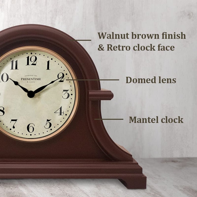 Presentime & Co. Mantel Clock Vintage Farmhouse Series, Napoleon Desk & Shelf Clock, 13 x 10 inch, Domed Lens, Quartz Movement, ABS Plastic Case, Walnut Brown Finish (Home/Tabletop Decoration) - Image 3