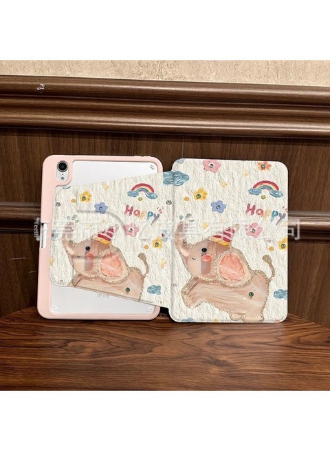 For Ipad10 Shell Black Bow 10.2 Rotatable Bracket Air654 Flat Protective Cover-Color: Oil Painting Elephant (pink Shell)-Applicable Models:Ipad 10th Generation
