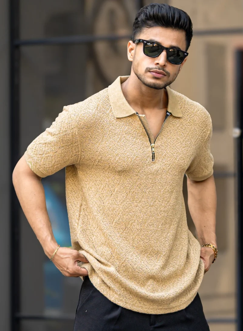 Maniac Maniac Men Polo Neck Half Zipper 3/4th Sleeve Beige Cotton T-Shirt