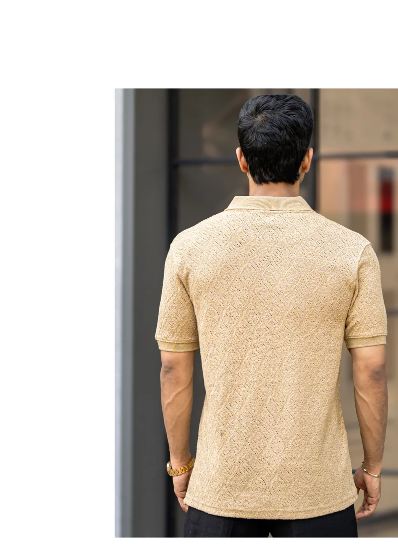 Maniac Maniac Men Polo Neck Half Zipper 3/4th Sleeve Beige Cotton T-Shirt