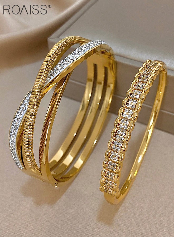 roaiss 2 Pcs Gold Bracelet Set, Light Luxury Geometric Multi-layer Cross Bracelet, Simple Cubic Zirconia Bracelet Suitable for Women to Attend Various Occasions and Festivals Gift - Image 2