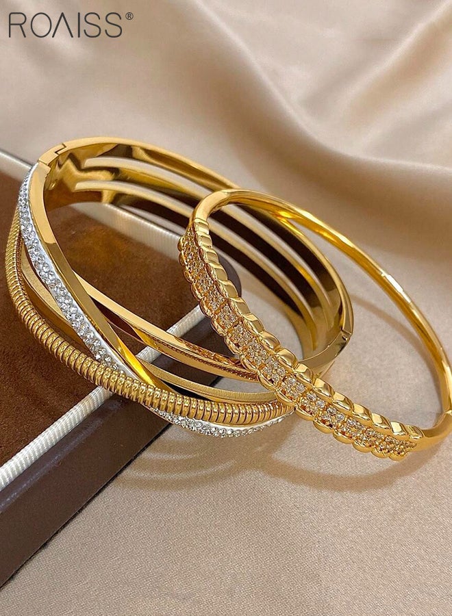 roaiss 2 Pcs Gold Bracelet Set, Light Luxury Geometric Multi-layer Cross Bracelet, Simple Cubic Zirconia Bracelet Suitable for Women to Attend Various Occasions and Festivals Gift - Image 4