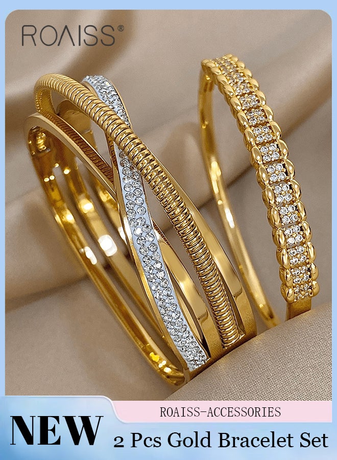 roaiss 2 Pcs Gold Bracelet Set, Light Luxury Geometric Multi-layer Cross Bracelet, Simple Cubic Zirconia Bracelet Suitable for Women to Attend Various Occasions and Festivals Gift - Image 1