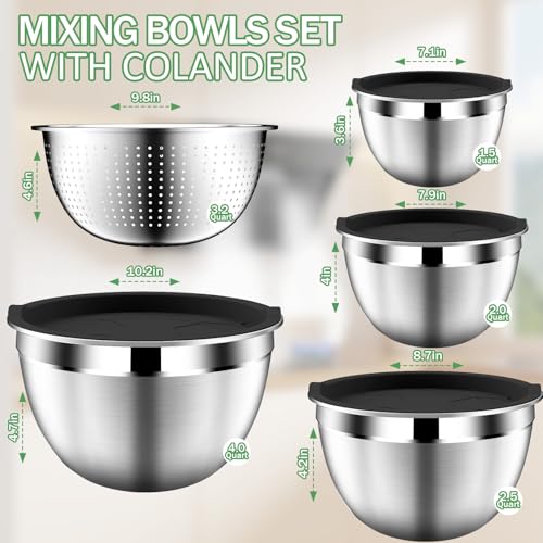 DUTZUN Mixing Bowls with Lids Set, Stainless Steel Mixing Bowls with Colander, Strainer with Mixing Bowl Set, Kitchen Gadgets Bowl Christams Gift, Size 4, 2.5, 2, 1.5QT - Black - Image 2
