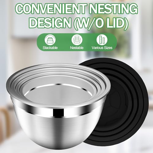 DUTZUN Mixing Bowls with Lids Set, Stainless Steel Mixing Bowls with Colander, Strainer with Mixing Bowl Set, Kitchen Gadgets Bowl Christams Gift, Size 4, 2.5, 2, 1.5QT - Black - Image 4