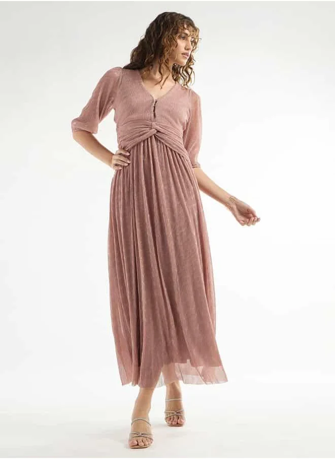 FAV Textured V-neck Dress with 3/4 Sleeves and Knot Detail